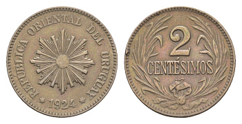 Уругвай 2 сентесимо 1924 KM 20 медно-никель 4658-744