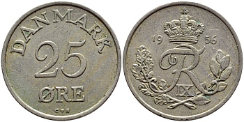 ДАНИЯ 25 ЭРЕ 1956 С; S, ФРЕДЕРИК IX (1947-1972) KM 842.2 медно-никель 4398-937