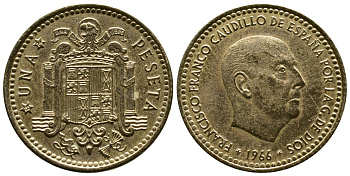 Испания 1 песета 1966 (74) Франсиско Франко (1939-1975) KM 796 алюминиевая бронза 93-416