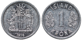Исландия 1 крона 1976 KM 23 алюминий 4124-454