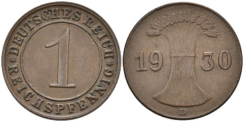 Германия 1 рейхспфенниг 1930 D KM 37, J.313, Weege 2 медь 4585-617