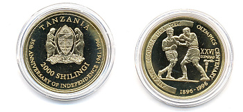 Танзания 2000 шиллингов 1996 XXVI Олимпийские игры 1996 года в Атланте, 100 лет Олимпийскому движению, боксеры, пробник, гладкий гурт латунь PROOF 06-157-14
