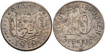 ЦВАЙБРЮККЕН 10 ПФЕННИГОВ 1919 НОТГЕЛЬД, ЗХЕМЛЯ РЕЙЛЯНД-ПФАЛЬЦ железо 75-1266