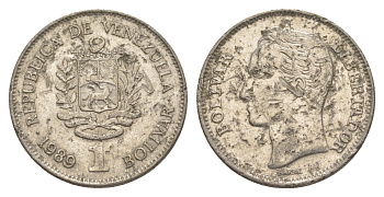 Венесуэла 1 боливар 1989 Симон Боливар, толстый шрифт Y 52a.2 сталь плакированная никелем 4589-323