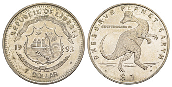 Либерия 1 доллар 1993 Сохраним планету Земля - Коритозавр KM 109 медно-никель 1531-1212