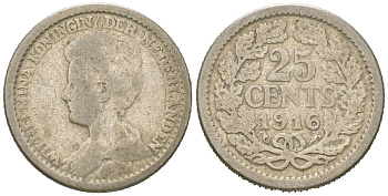 Нидерланды 25 центов 1916 Вильгельмина (1890-1948) KM 146 серебро 4151-866