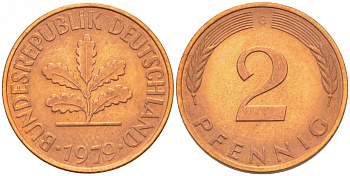ФРГ 2 ПФЕННИГА 1979 J KM 106a, J.381a сталь плакированная сталь плакированная медьюю 4396-1611