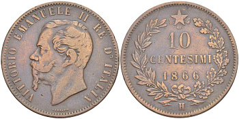 ИТАЛИЯ 10 ЧЕНТЕЗИМО 1866 H, МОНДВОР БИРМИНГЕМ, ВИКТОР ЭММАНУИЛ II (1861-1878) KM 11.3 медь 4526-815
