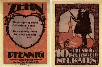 НОЙКАЛЕН 10 ПФЕННИГОВ 1922 НОТГЕЛЬД, 1922 - 31 МАЯ 1922, ЗЕМЛЯ МЕКЛЕНБУРГ-ПЕРЕДНЯЯ ПОМЕРАНИЯ Grabowski 949.1 бумага 7547-79-2-2