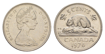 Канада 5 центов 1976 Елизавета II (1952-2022), бобр KM 60.1 никель 4639-464