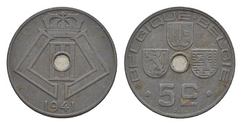 Бельгия 5 сантимов 1941 Belgique - Belgie, Леопольд III (1934-1947), германская оккупация, Вторая мировая война KM 123 цинк 4640-1135
