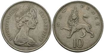Великобритания 10 пенсов 1968 Елизавета II (1952-2022) KM 912, Spink 4231 (F1) медно-никель 4120-344
