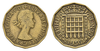 Великобритания 3 пенса 1956 Елизавета II (1952-2022) KM 900, Spink 4153 никель латунь 77-957