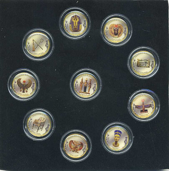 ЕГИПЕТ НАБОР ИЗ 10 МОНЕТ 2010 ИМПЕРИЯ ФАРАОНОВ, ЦВЕТНАЯ ЭМАЛЬ, В КОРОБКЕ, ПОЗОЛОТА 999, ТИРАЖ 5000 ЭКЗ., ЦВЕТНАЯ ЭМАЛЬ НА МОНЕТАХ 1 ФУНТ 2010 ГОДА, БИМЕТАЛЛ, С СЕРТИФИКАТОМ UNC 5-5-16