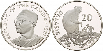 Гамбия 20 даласи 1987 серия защита окружающей среды, обезьяна, тираж 25000 экз. KM 24 серебро PROOF