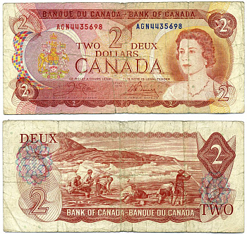 Канада 2 доллара 1974 подписи Crow & Bouey Pick 86b бумага 8603-42-1-2