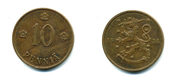 Финляндия 10 пенни 1924 республика (1918-1962) KM 24 медь 46-1022