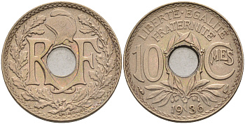 Франция 10 сантимов 1936 тип Линдайё KM 866а медно-никель 4116-512