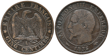 ФРАНЦИЯ 5 САНТИМОВ 1855 А, НАПОЛЕОН III (1852-1870) KM 777.1, LA FRANC 116.16 бронза 34-1215