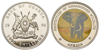 Уганда 100 шиллингов 1996 Защита исчезающих видов дикой природы, Африка - Слоны KM 55 медно-никель PROOF 1079-10-32