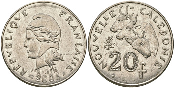 Французская Новая Каледония 20 франков 2004 три быка, (IEOM) KM 12, Schoen 14, Lec 115h никель 81-722