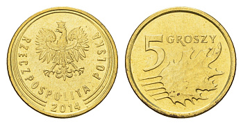 Польша 5 грошей 2014 Y 925 сталь плакированная латунью UNC 4615-545