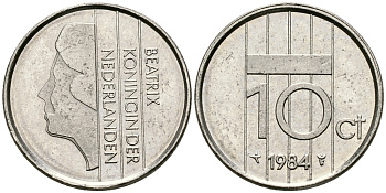 НИДЕРЛАНДЫ 10 ЦЕНТОВ 1984 БЕАТРИКС KM 203 никель 96-559