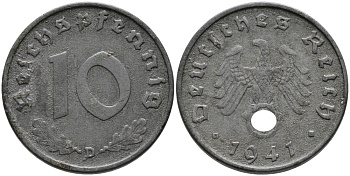 ГЕРМАНИЯ 10 РЕЙХСПФЕННИГОВ 1941 D KM 101, J.371 цинк 95-752