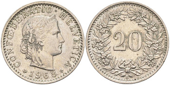 Швейцария 20 раппенов 1968 В KM 29a медно-никель 55-854