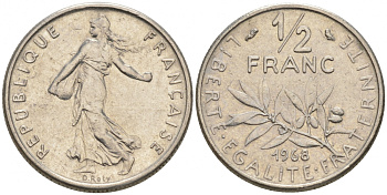 ФРАНЦИЯ 1/2 ФРАНКА 1968 KM 931.1 никель 187-118