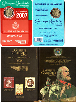 Сан-Марино 2 евро 2007 200 лет со дня рождения Джузеппе Гарибальди, в оригинальном буклете KM 481 биметалл UNC 8-2-01-06