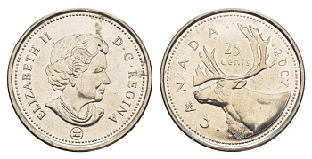 Канада 25 центов 2007 Leaf, Елизавета II (1952-2022), олень KM 493 сталь плакированная никелем UNC 4637-843