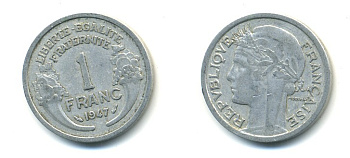 ФРАНЦИЯ 1 ФРАНК 1947 KM 885а.1 алюминий 4364-256