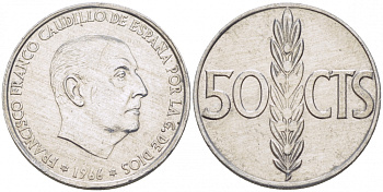 ИСПАНИЯ 50 СЕНТИМО 1966 (73) ФРАНСИСКО ФРАНКО ДИКТАТОР ИСПАНИИ (1939-1975) KM 795 алюминий 3718-331