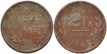 БЕЛЬГИЯ 2 ФРАНКА 1944 BELGIQUE-BELGIE KM 133 оцинкованная сталь 4528-845