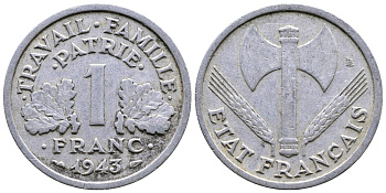 ФРАНЦИЯ 1 ФРАНК 1943 LB, ТИП LEGERE, ПРАВИТЕЛЬСТВО ВИШИ KM 902.1, LE FRANC 223.3 алюминий 51-4131