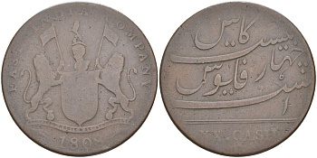 Индия, Мадрас (Madras) 20 кэш 1808 британская колония, вес 8,6 гр. KM 321 медь 4112-425
