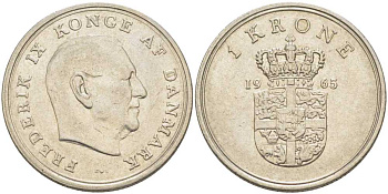 ДАНИЯ 1 КРОНА 1965 C; S, ФРЕДЕРИК IX (1947-1972) KM 851.1 медно-никель 95-224