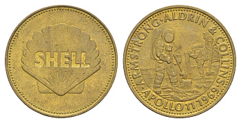 Франция жетон Shell - Человек в полете - Армстронг, Олдрин и Коллинз, Аполлон 11, 1969 1969 диаметр 26 мм, вес 5 гр Kooij RS011.20 сталь плакированная латунью UNC 4175-457