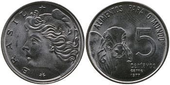 Бразилия 5 сентаво 1977 ФАО KM 587.1, Schon 93 нержавеющая сталь UNC 4577-1137