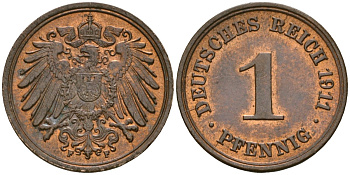 Германия 1 пфенниг 1911 F, Вильгельм II (1888-1918) KM 10, J. 10 медь aUNC 1525-541