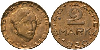 Ахен (Пруссия, Рейн) 2 марки 1920 Funck 1.17, Men05 70.63, Men18 99.63 латунь 4163-925