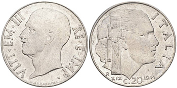 ИТАЛИЯ 20 ЧЕНТЕЗИМО 1941 R, ГОД XIX, ВИКТОР ЭММАНУИЛ III (1900-1946) KM 75b, VEM3. 1028 нержавеющая сталь 3853-1013