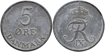 ДАНИЯ 5 ЭРЕ 1951 N; S, ФРЕДЕРИК IX (1947-1972) KM 843.1 цинк 41-134