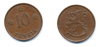 Финляндия 10 пенни 1934 республика (1918-1962) KM 24 медь 51-5412