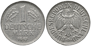 ФРГ 1 МАРКА 1957 D KM 110, J. 385 медно-никель 3999-232