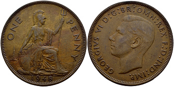 Великобритания 1 пенни 1948 Георг VI (1936-1952) KM 845, Spink 4114 бронза 81-423