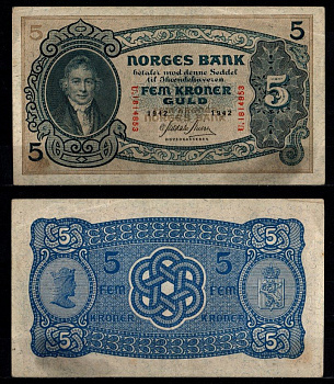 Норвегия 5 крон 1942 Вильгельм Фриман Корен Кристи (1-й председатель норвежского парламента) Pick 7 c бумага 451-1227-2