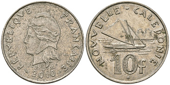 Французская Новая Каледония 10 франков 2010 рыбачья парусная лодка, (IEOM) KM 11a, Schoen 13a, Lec 99k медно-никель 63-412