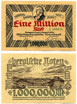 ШТУТГАРТ 1000000 МАРОК (1 МИЛЛИОН) 1923 1 АВГУСТА 1923, НОТГЕЛЬД, WURTEMBERGISCHE NOTENBANC, СЕРИЯ J098074, БЕЗ ПЕРЕГИБОВ, ЗЕМЛЯ БАДЕН-ВЮРТЕМБЕРГ Keller 4930d бумага 00-00
